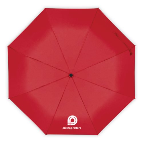 Ombrello rosso con meccanismo di apertura manuale.