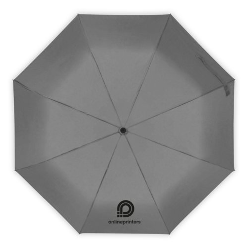 Ombrello grigio con custodia e telaio robusto.