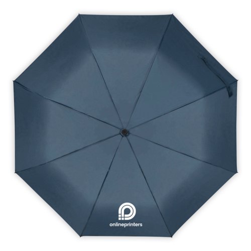 Ombrello blu scuro con meccanismo di apertura manuale.