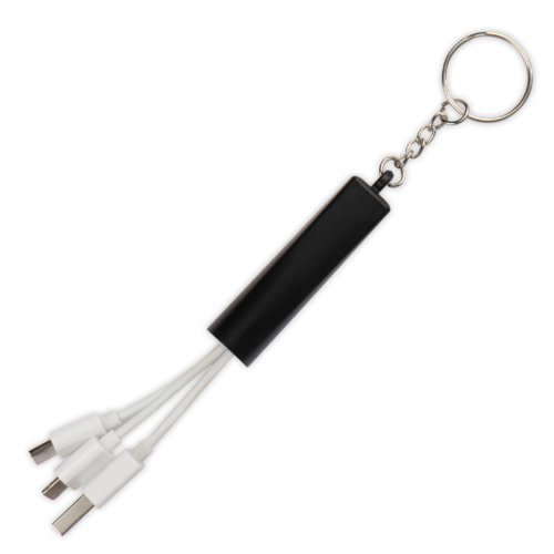 Cavo di ricarica USB 3 in 1 nero con portachiavi.