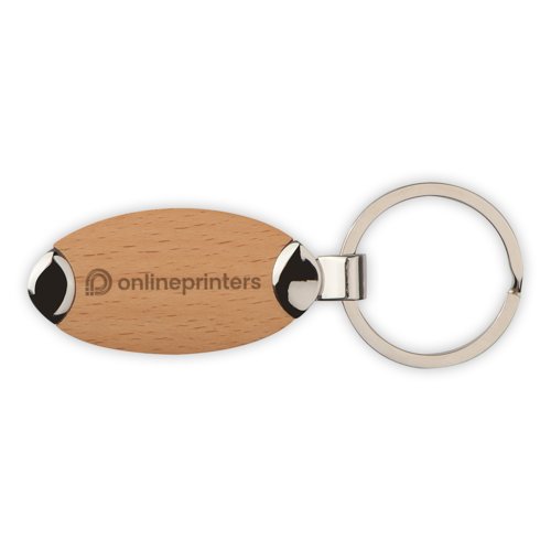 Portachiavi in legno e metallo con anello.