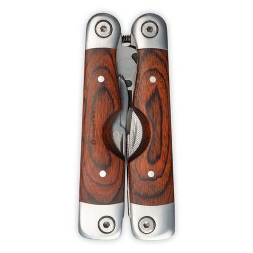 Multiuso marrone in legno e metallo con vari utensili.