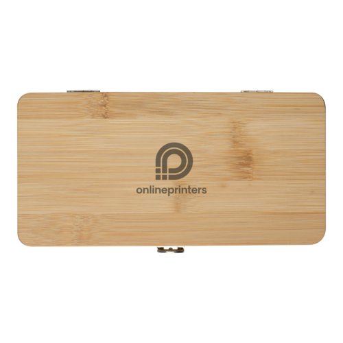 Set di attrezzi beige in bamb con cerniere e chiusura.