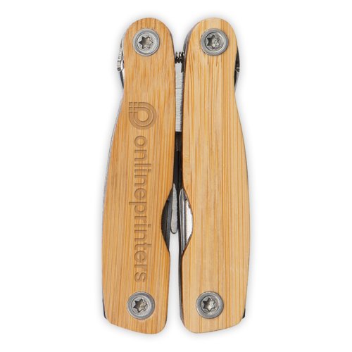 Multiutensile in bamb beige con vari attrezzi.