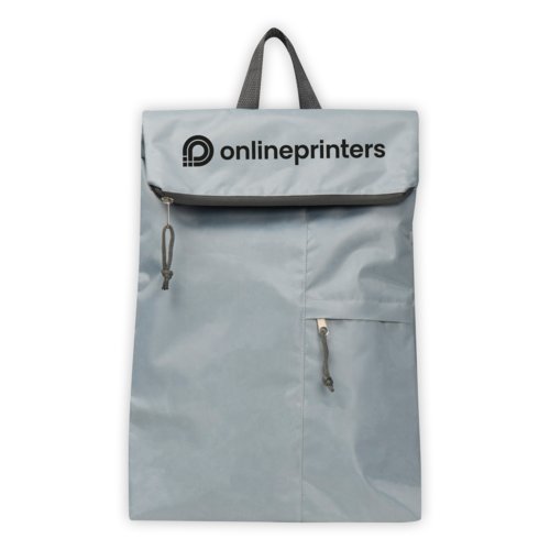 Zaino grigio pieghevole in materiale leggero con maniglie.