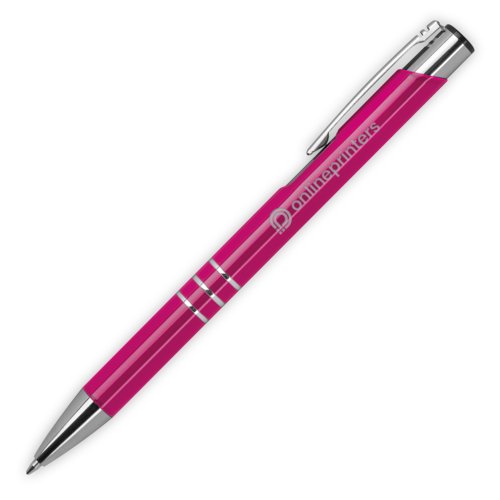 Penna a sfera in metallo rosa con motivo, clip e meccanismo a pressione.