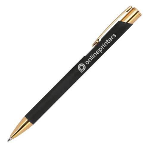 Penna a sfera in metallo nero con dettagli dorati e clip.