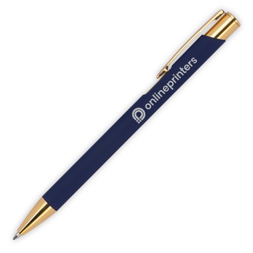 Penna a sfera in metallo blu scuro con motivo, clip e meccanismo a scatto.