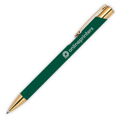 Penna a sfera in metallo verde scuro con clip e meccanismo a pressione.