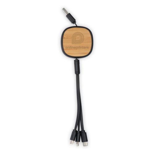 Cavo di ricarica in legno con connettori USB, Micro-USB e USB-C.