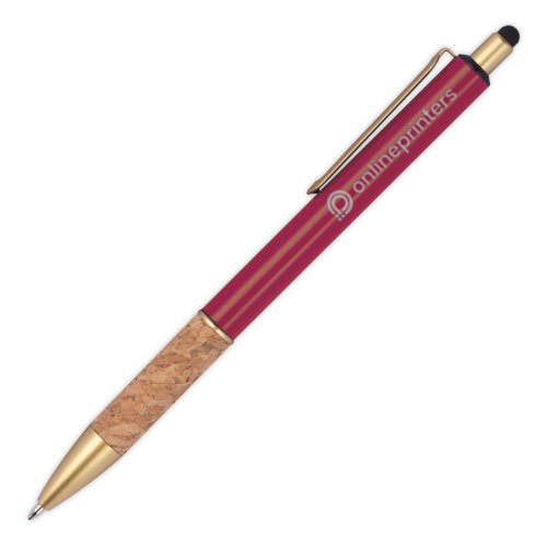 Penna a sfera in metallo bordeaux con elemento in sughero e funzione touch pen.