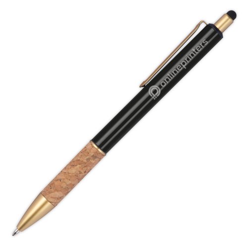 Penna a sfera in metallo nero con impugnatura in sughero, clip e stilo.