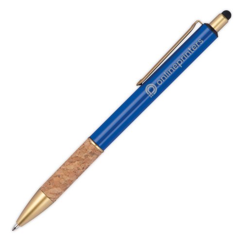 Penna a sfera in metallo blu con impugnatura in sughero, clip e funzione touch pen.