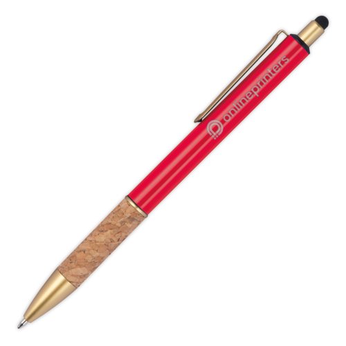Penna a sfera in metallo rosso con impugnatura in sughero e funzione touch pen.