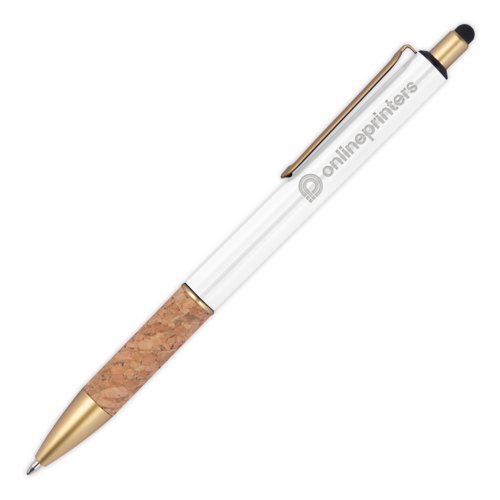 Penna a sfera in metallo bianco con dettaglio in sughero e clip.