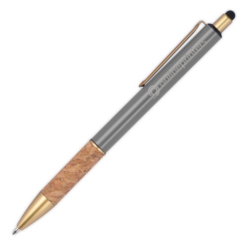 Penna a sfera in metallo grigio con impugnatura in sughero, clip e touchpen.
