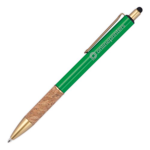 Penna a sfera in metallo verde con impugnatura in sughero, clip e funzione touch pen.