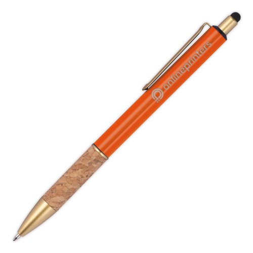 Penna a sfera arancione in metallo con dettagli in sughero, clip e touchpen.