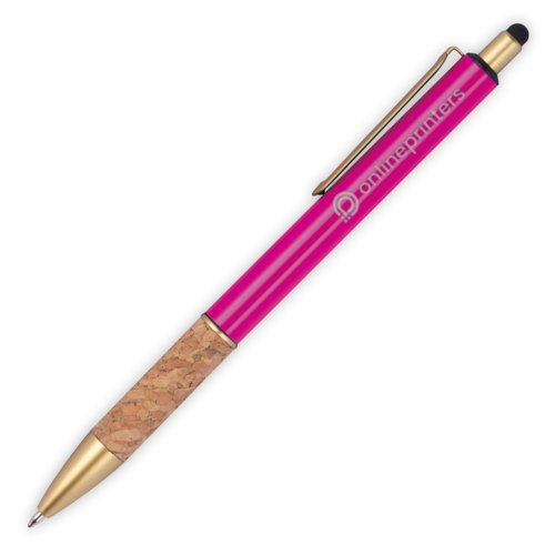 Penna a sfera in metallo rosa con dettagli in sughero, clip e funzione touch pen.