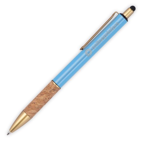 Penna a sfera in metallo azzurro con impugnatura in sughero e funzione touch pen.