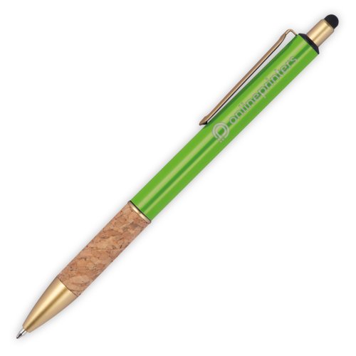 Penna a sfera in metallo verde mela con impugnatura in sughero, clip e penna touch.