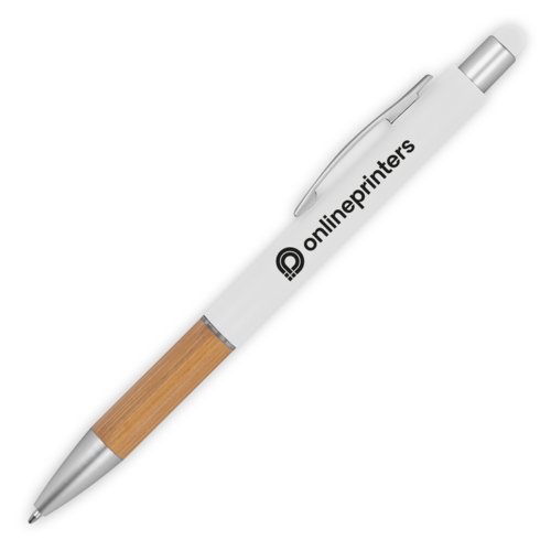 Penna a sfera bianca in legno con funzione touch e clip.