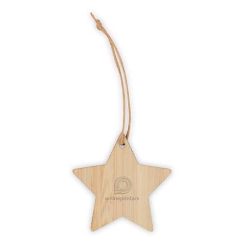 Ciondolo a forma di stella in legno con cordino per appenderlo.