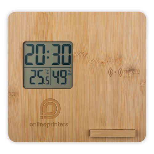 Stazione meteorologica in legno chiaro con display digitale.