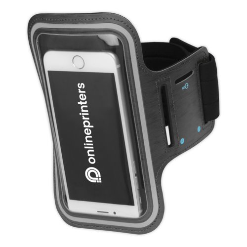 Supporto per cellulare in tessuto grigio da fissare al braccio con velcro regolabile.