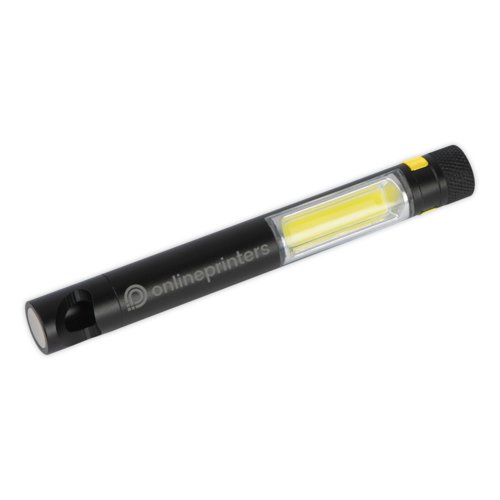Torcia COB nera in metallo con apribottiglie.