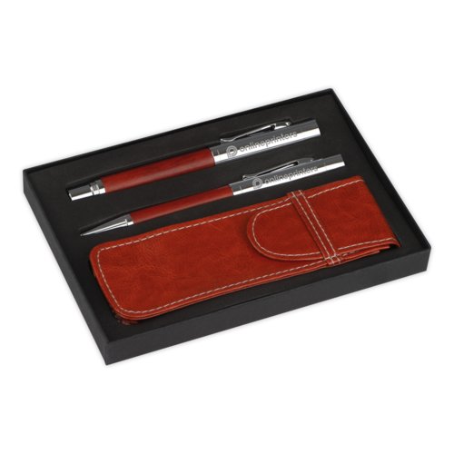 Set da scrittura marrone con penna a sfera, stilografica e custodia.