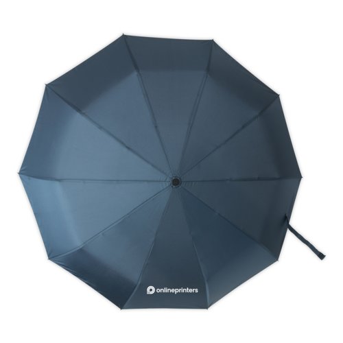 Ombrello tascabile automatico blu scuro con custodia e manico.