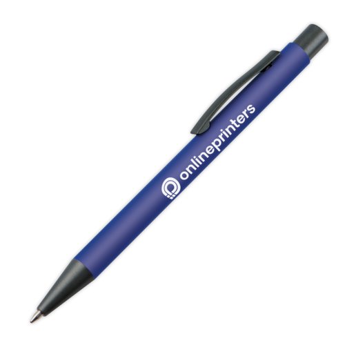 Penna a sfera in plastica blu con clip e meccanismo a pressione.