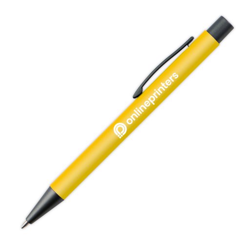 Penna a sfera in plastica gialla con clip e pulsante.