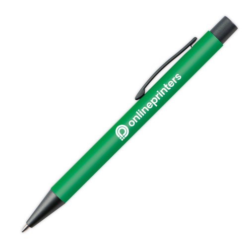 Penne a sfera verde in plastica con clip e pulsante.