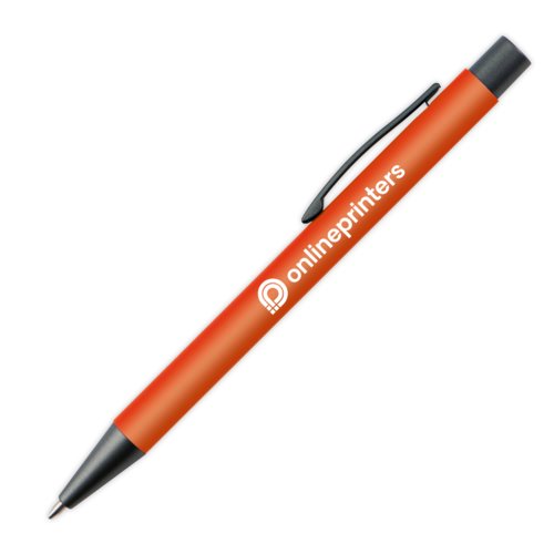 Penna a sfera in plastica arancione con clip e pulsante.
