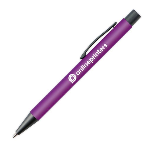 Penne a sfera in plastica viola con clip e pulsante.