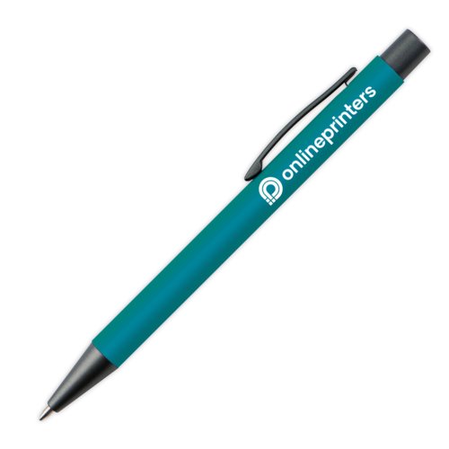 Penna a sfera in plastica turchese con clip e pulsante.