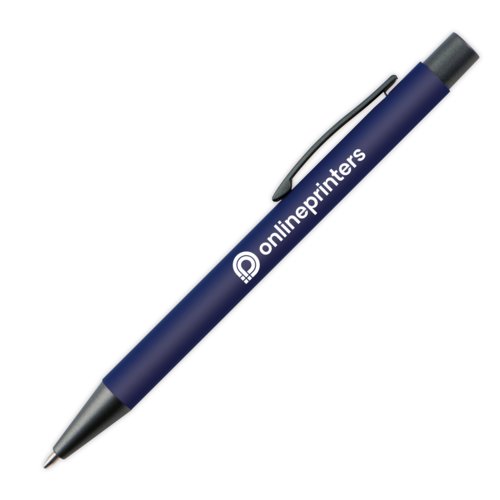 Penna a sfera in plastica blu scuro con motivo e clip.