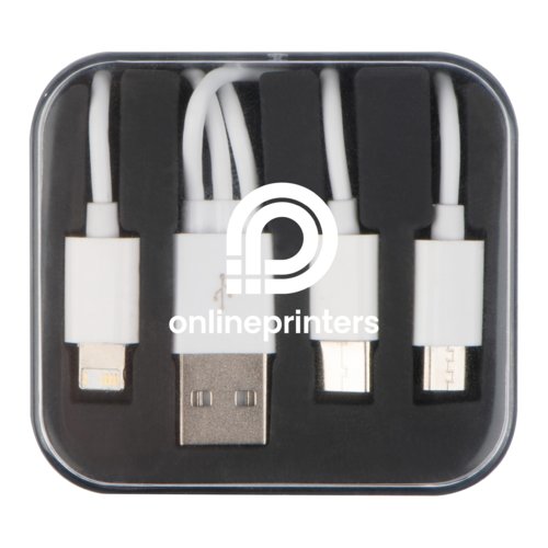 Cavo di ricarica USB 3 in 1 bianco con connettori multipli.