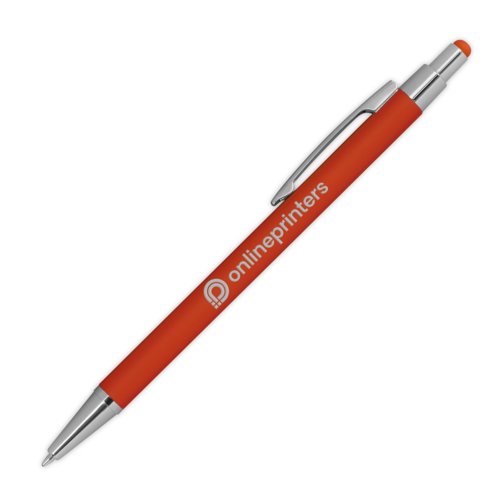 Penna a sfera in metallo arancione con funzione touch e clip.