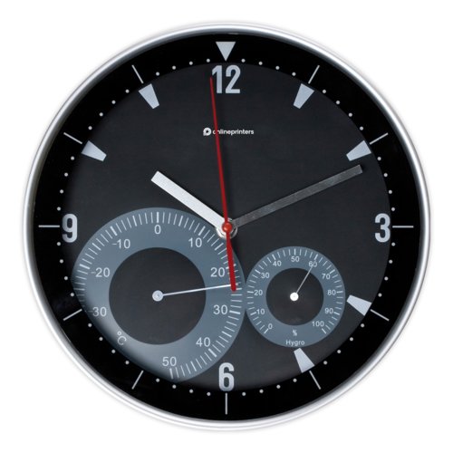 Orologio da parete nero con display analogico e termoigrometro integrato.