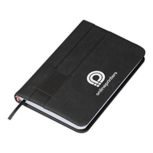 Taccuino nero con chiusura elastica e segnalibro a nastro.