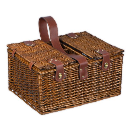 Cesto da picnic in vimini marrone con coperchio e manico.