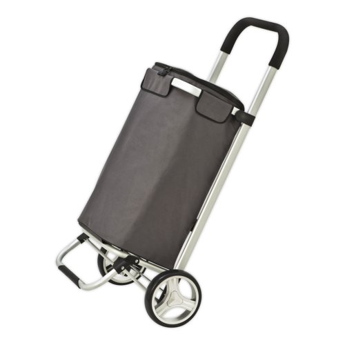 Carrello della spesa grigio pieghevole con ruote e maniglia.