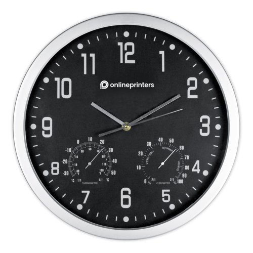 Orologio da parete nero con termometro e igrometro.
