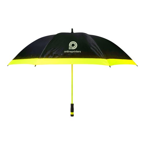 Ombrello nero XXL con bordo giallo e meccanismo di apertura manuale.