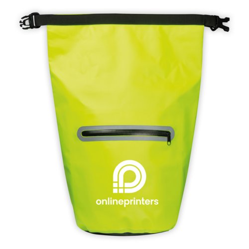 Borsa gialla impermeabile con chiusura a rullo e tasca esterna.