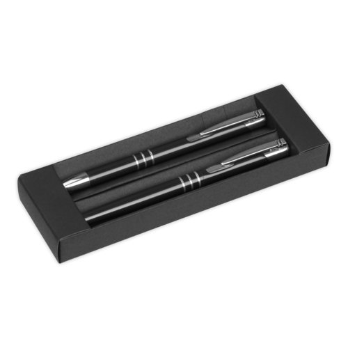Set da scrittura nero con penna a sfera e portapenne.