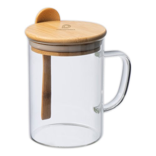 Tazza in vetro trasparente con coperchio e cucchiaio in bamb.